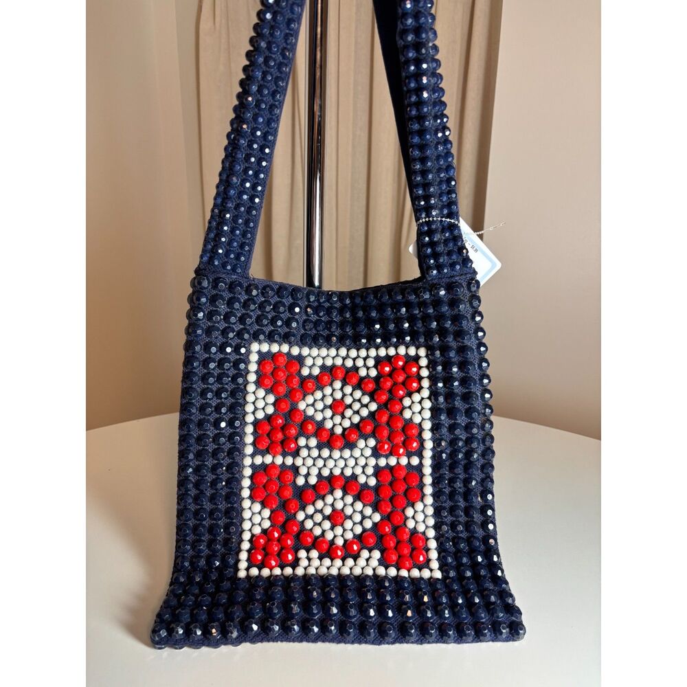 Chunky Beaded Shoulder Tote Navy Red White Geometric Handmade Boho Resort Y2K